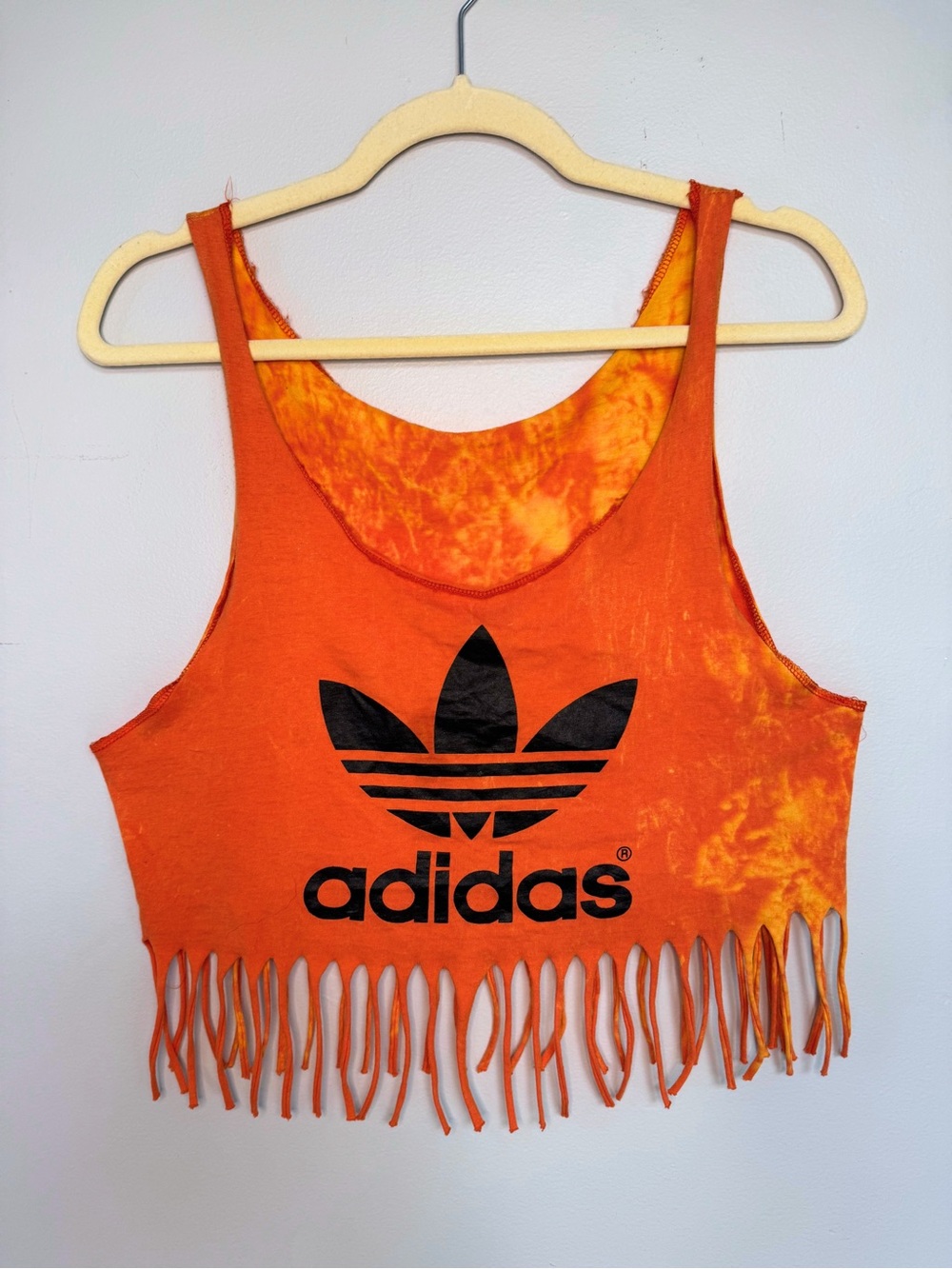 adidas Women's Orange Tie-Dye Fringe Crop Top with Black Logo